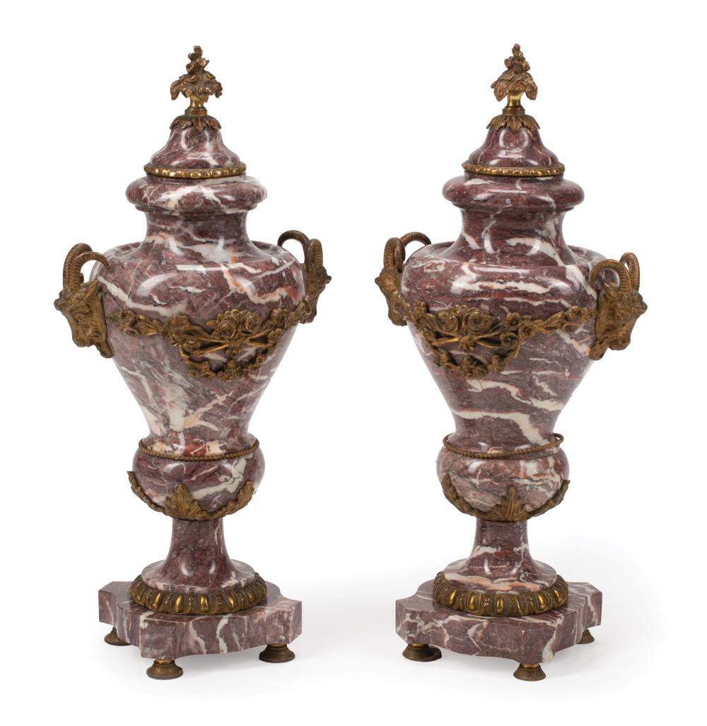 Appraisal: Pair of Louis XVI-Style Bronze-Mounted Marble Cassolettes floral finials ram's