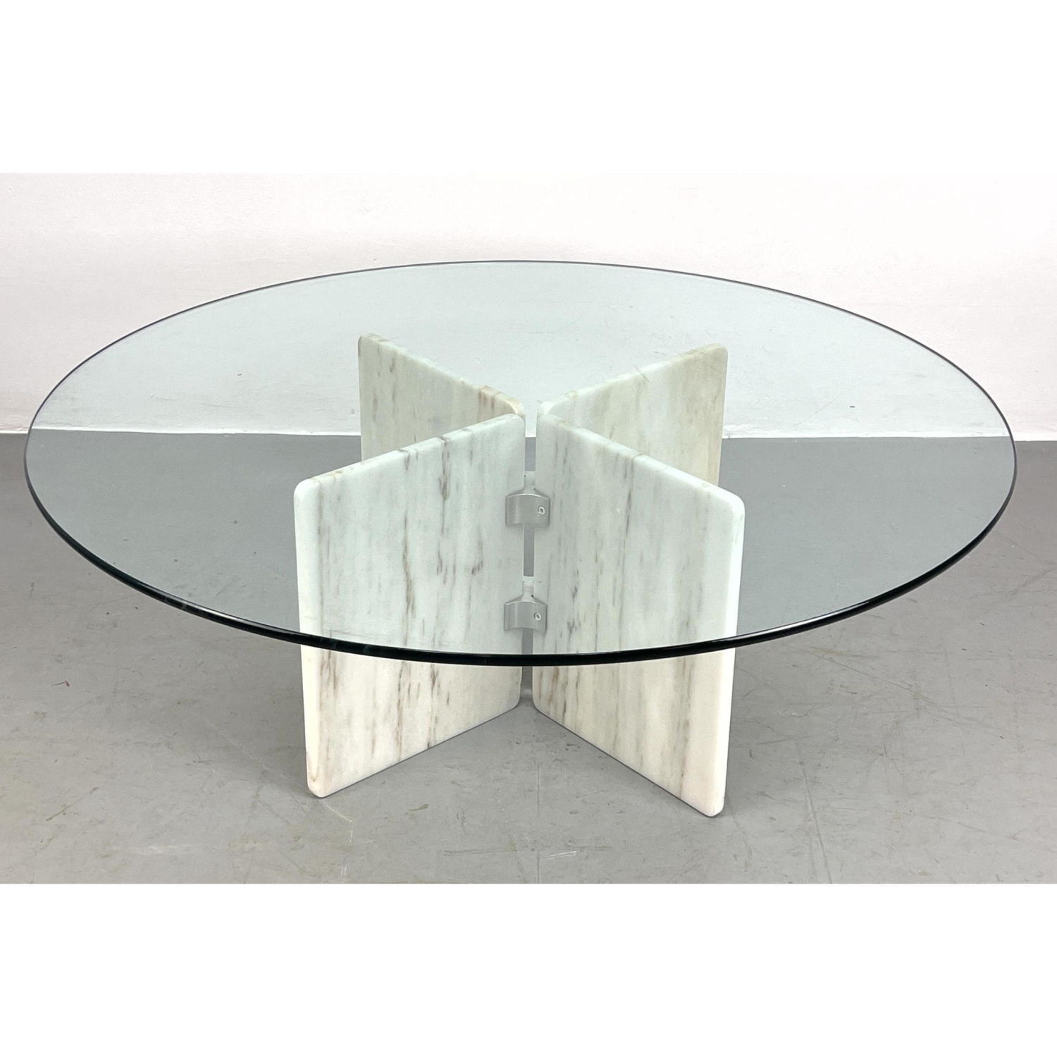 Appraisal: White Marble Base Glass Top Cocktail Coffee Table Modernist Marble