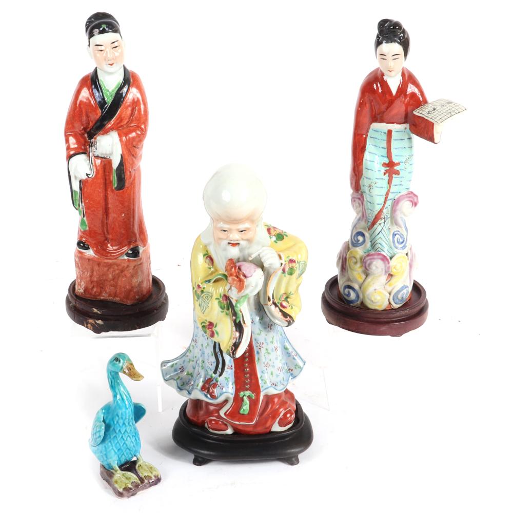 Appraisal: FOUR CHINESE PAINTED PORCELAIN FIGURES BLUE GOOSE ONE FEMALE AND