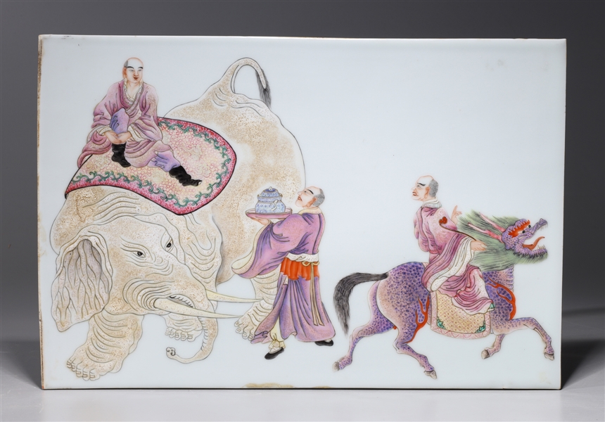 Appraisal: Chinese famille rose enameled porcelain plaque depicting elephant qilin riders