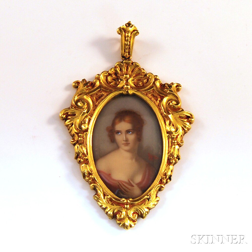 Appraisal: kt Gold-framed Painted Portrait Pendant unknown possibly European hallmarks to