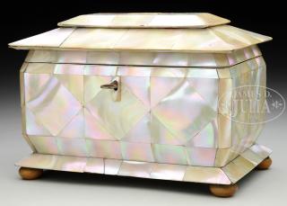 Appraisal: ANTIQUE MOTHER-OF-PEARL DECORATED TEA CADDY The wood framed tea caddy