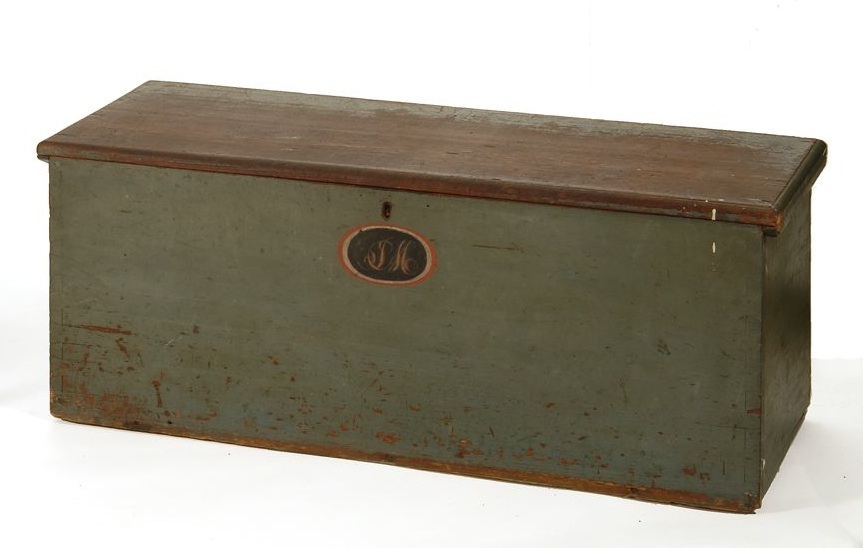 Appraisal: ANTIQUE AMERICAN SIX-BOARD BLANKET BOX In pine with blue-green paint