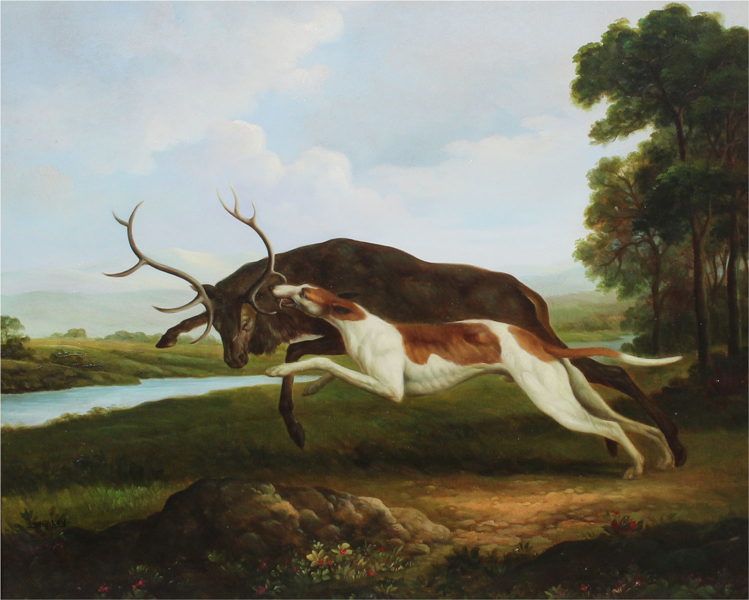 Appraisal: CONTEMPORARY PAINTING OF HOUND TAKING DOWN A STAG Oil Canvas