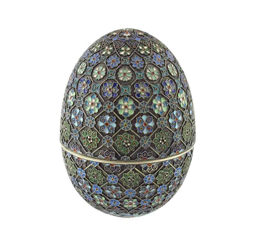 Appraisal: PAVEL OVCHINNIKOV RUSSIAN SILVER AND CLOISONNE EGG Hallmarked with Moscow