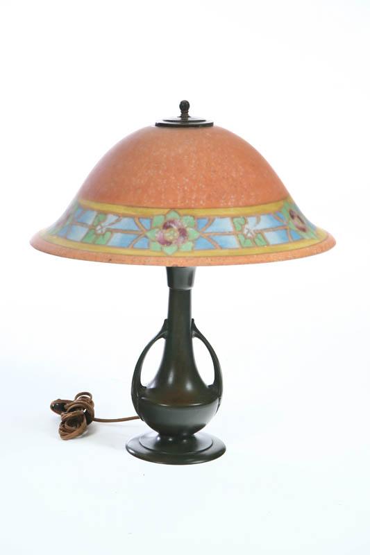 Appraisal: PAIRPOINT TABLE LAMP Reverse painted shade with Art Nouveau decoration