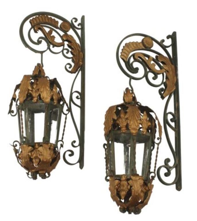 Appraisal: pair Wrought iron and tole painted lanterns with wall brackets