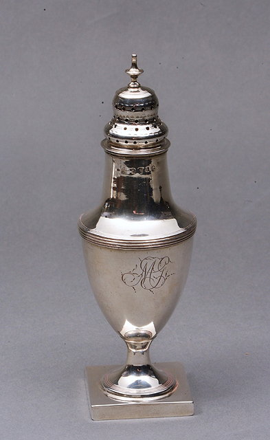 Appraisal: A GEORGE III SILVER SUGAR SIFTER of baluster urn form