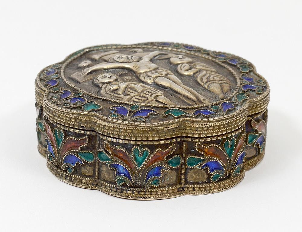 Appraisal: RUSSIAN SILVER ENAMELED BOX - Standard The hinged cover embossed