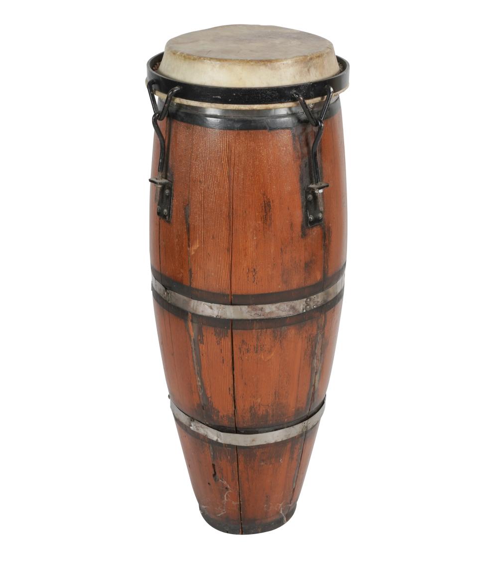 Appraisal: WOODEN CONGA DRUMCondition cracks to wood and lifting to hide