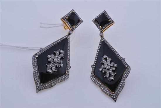 Appraisal: A PAIR OF ONYX SILVER AND DIAMOND DROP EARRINGS IN