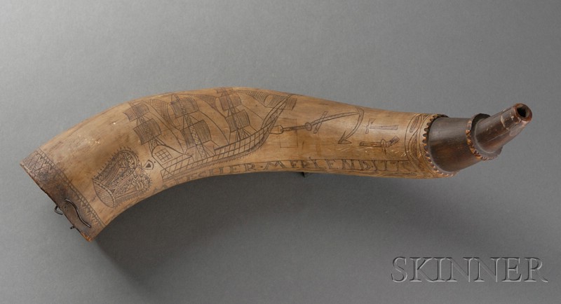 Appraisal: Engraved Revolutionary War Era Powder Horn the horn body inscribed