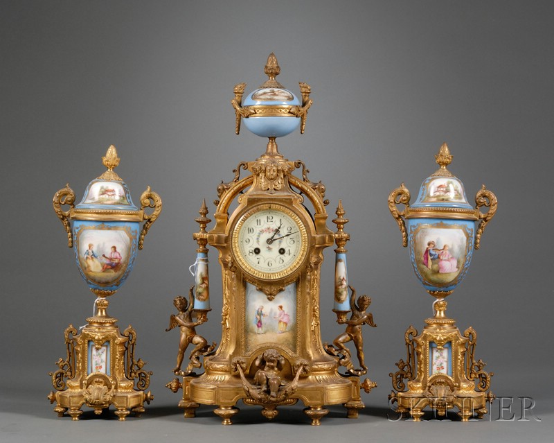 Appraisal: Assembled Three Piece Sevres-style Porcelain and Gilt Metal Clock Garniture