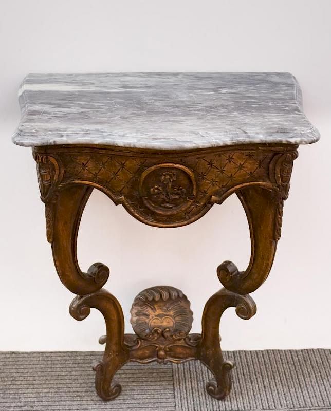 Appraisal: Rococo Console Table Marble-Top Gilt Gesso Diminutive French Rococo-manner shaped