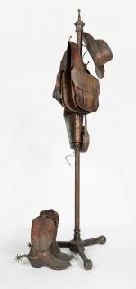 Appraisal: Gary Potteroff Cowboy sculptural group includes hat rack canteen saddlebag