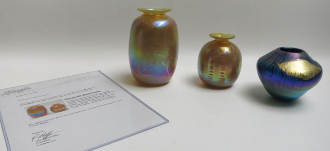 Appraisal: THREE PIECES OF STUDIO ART GLASS the two iridescent golden