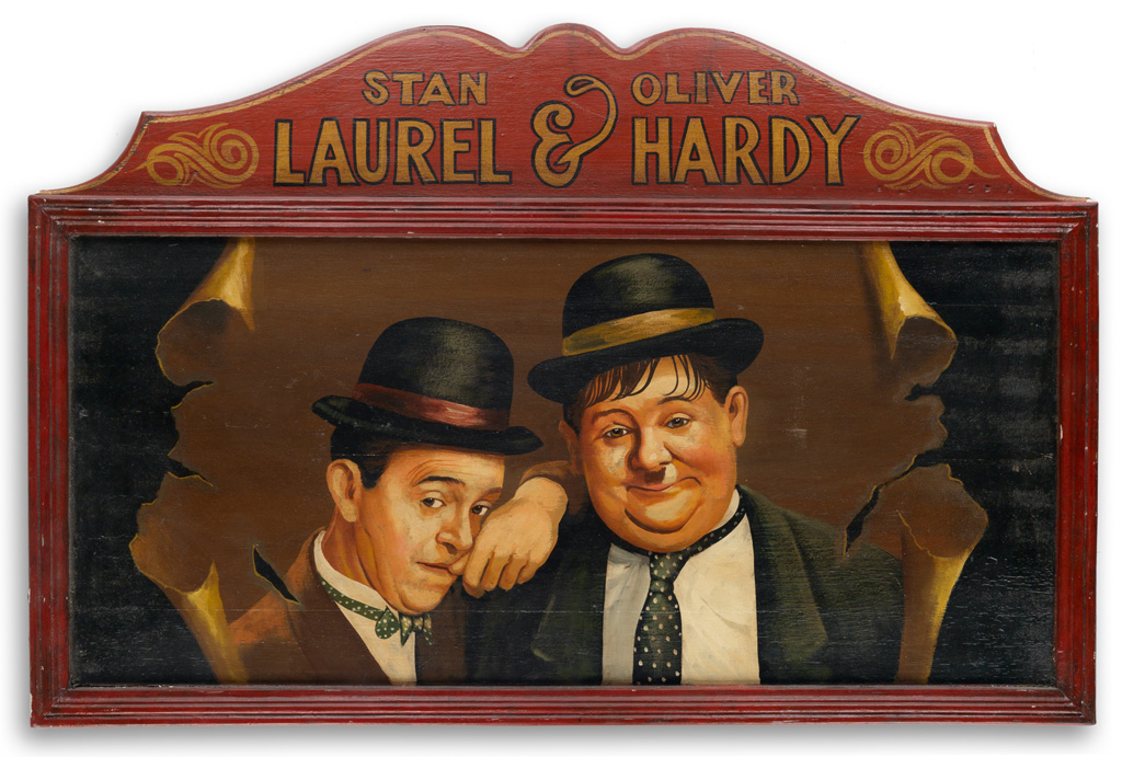 Appraisal: LAUREL HARDY Traveling Show Sign Oil on wood panel Approximately