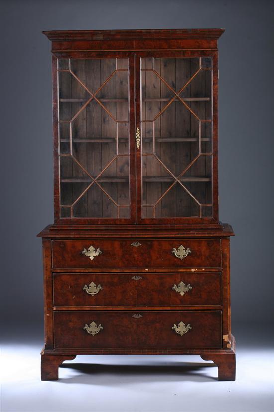 Appraisal: GEORGE III MAHOGANY VENEERED BUREAU BOOKCASE Upper section has glazed