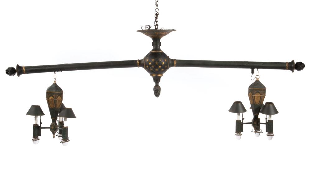 Appraisal: Monumental Empire Tole Peinte Six-Light Billiards Chandelier th c green