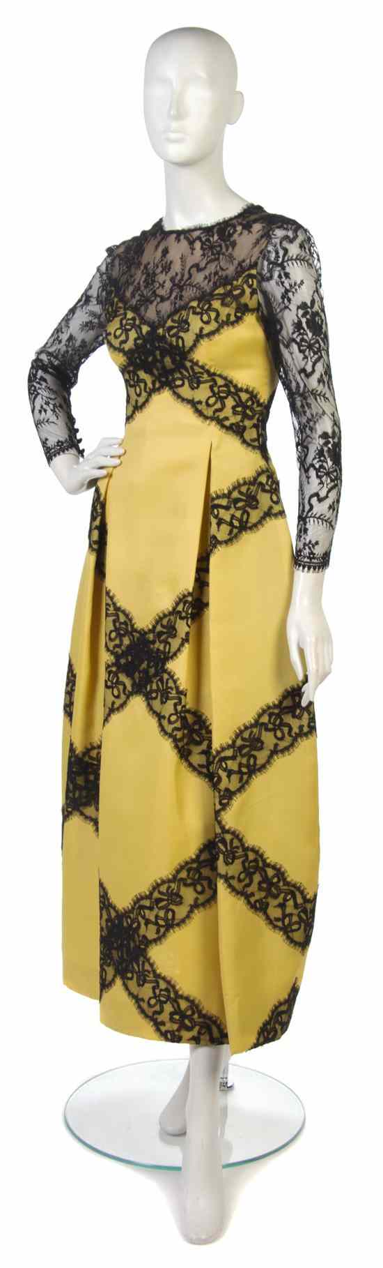 Appraisal: A Bill Blass Yellow Silk and Black Lace Evening Gown