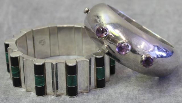 Appraisal: JEWELRY Two Mexican Sterling Bracelets Includes an articulated Mexican sterling