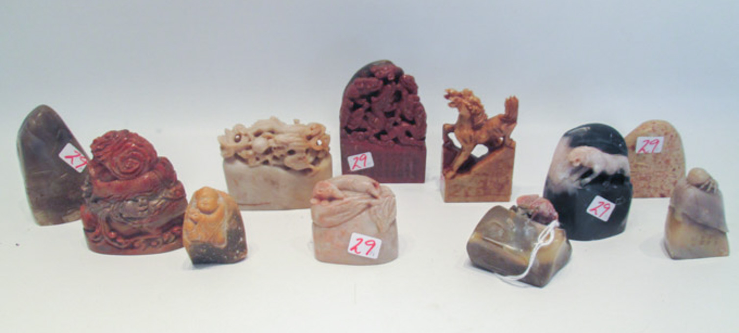 Appraisal: ELEVEN CHINESE CARVED SOAPSTONE SEAL CHOPS various forms colors and