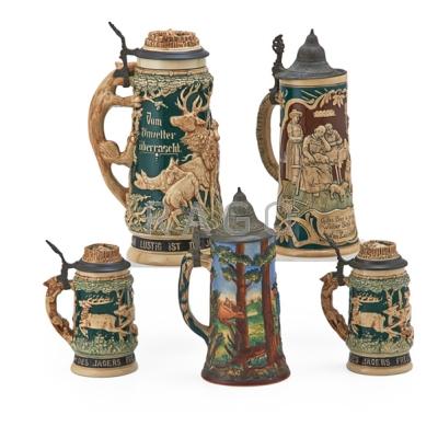 Appraisal: GERMAN STONEWARE STEINS Five with hunting scenes in relief liter