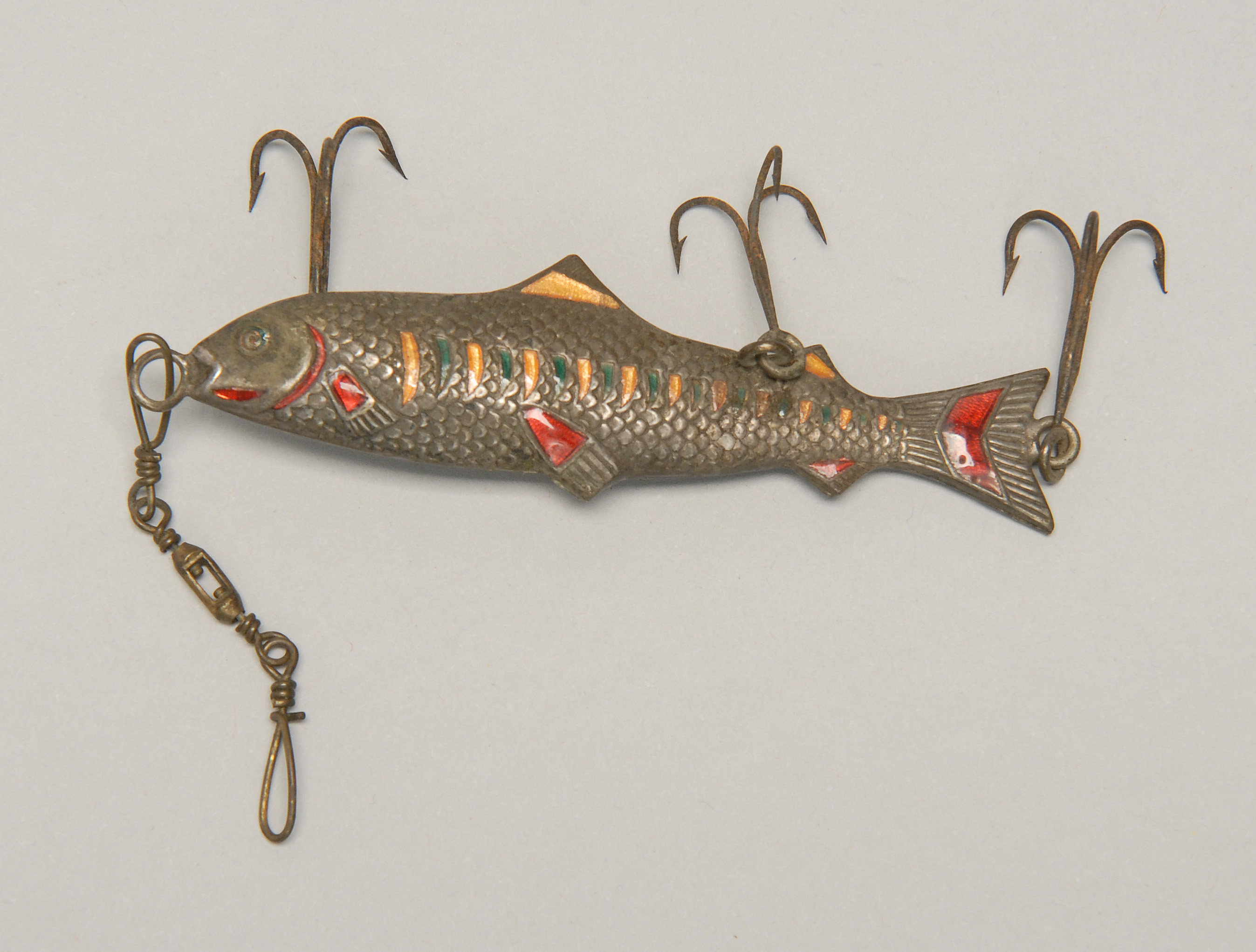 Appraisal: PEWTER FISHING LURE Late th CenturyPainted red yellow and green