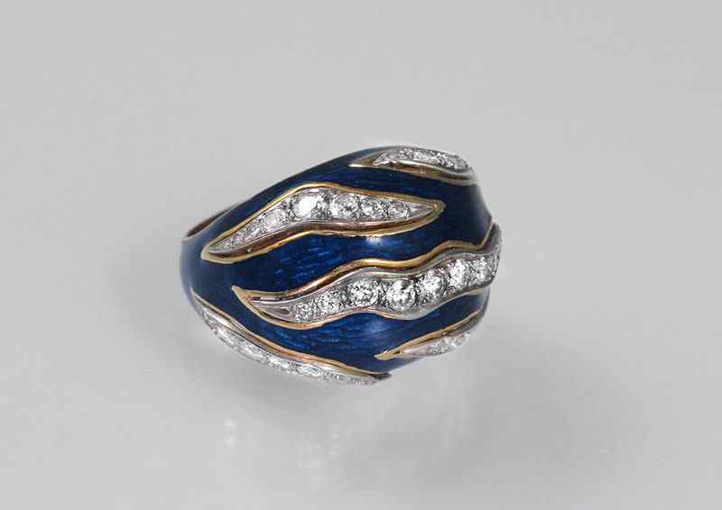 Appraisal: K GOLD COBALT ENAMEL AND CTW DIAMOND RING K yellow