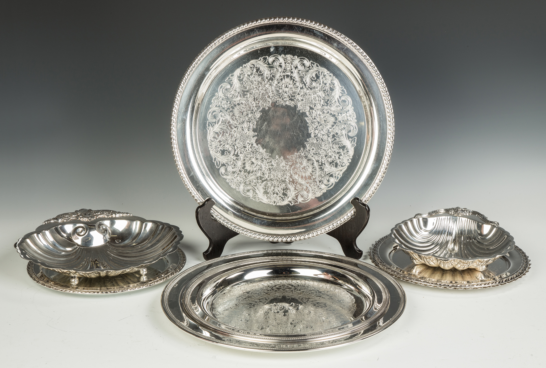 Appraisal: Group of Various Silver Plate Serving Trays International footed clamshell