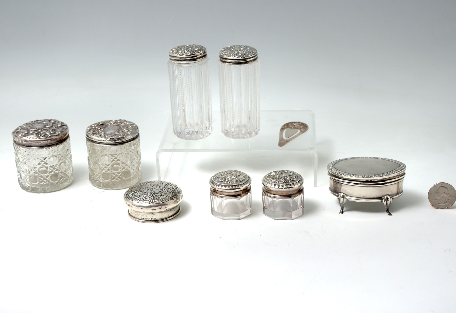 Appraisal: SILVER GLASS DRESSER SET ITEMS English silver footed ring box