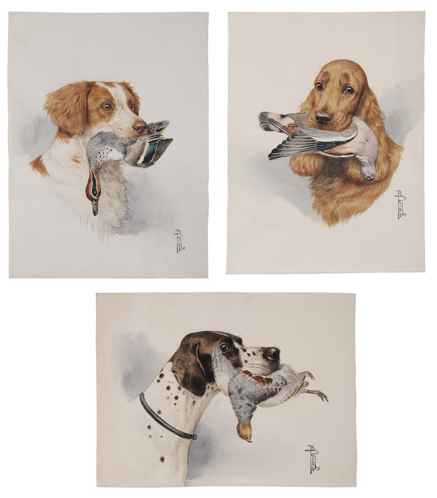 Appraisal: Boris Riab French Russian - Three Watercolors Pointer with Quail