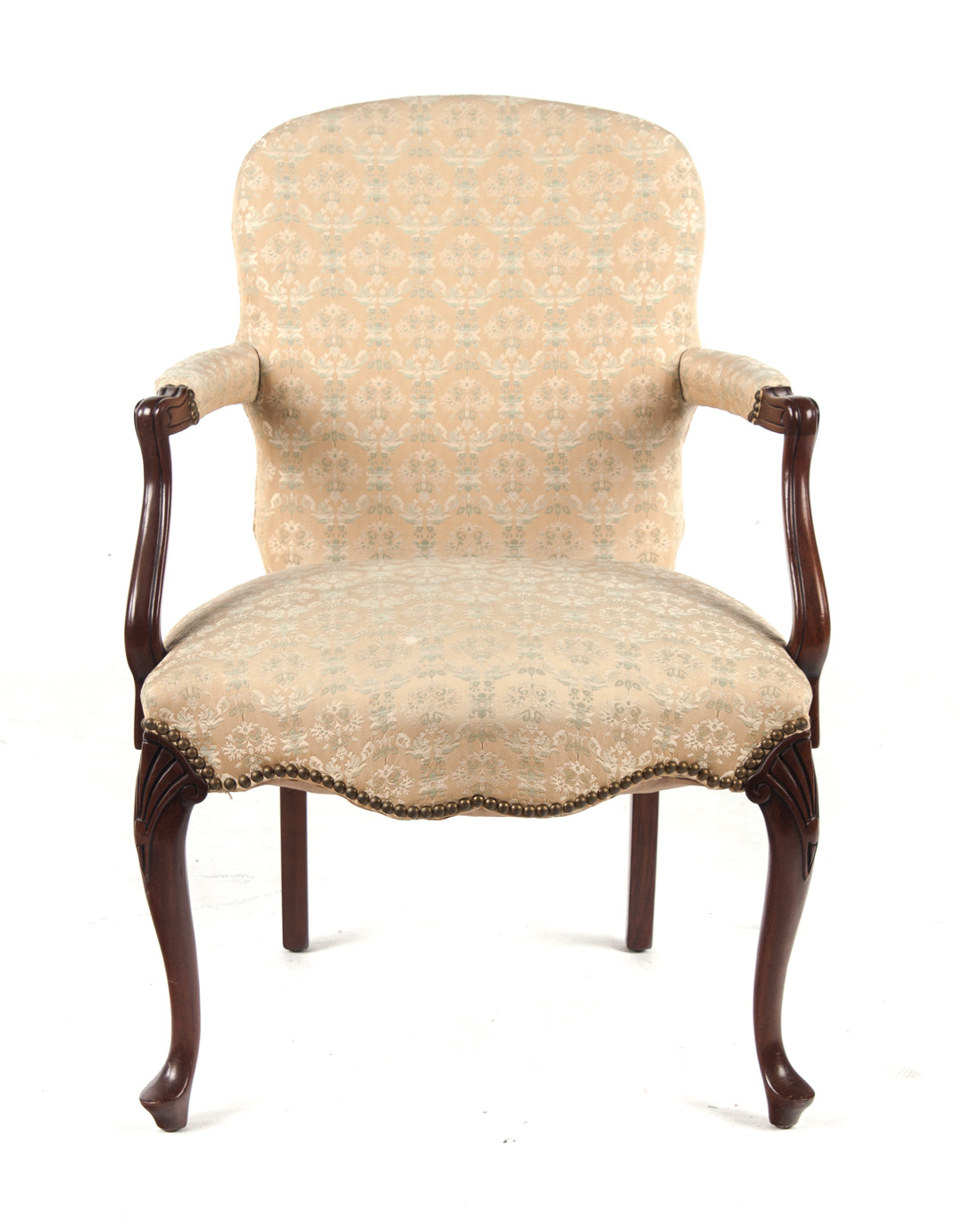 Appraisal: Louis XV style walnut upholstered armchair th century in H