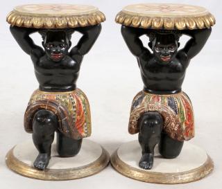 Appraisal: CARVED POLYCHROME GILT WOOD FIGURAL PEDESTALS CARVED POLYCHROME GILT WOOD