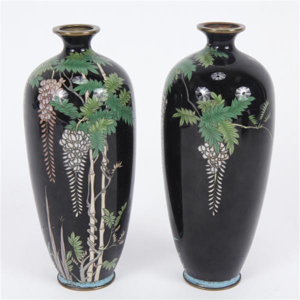 Appraisal: Pair Japanese cloisonne bottle vases with wisteria floral decoration on