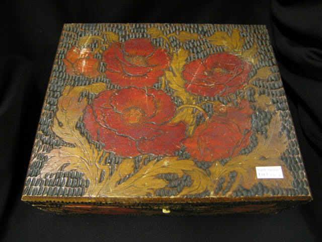 Appraisal: Flemish Art Company Pyrography Wooden Box poppy decoration deep x