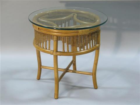 Appraisal: MODERN GLASS-TOPPED COFFEE TABLE Circular glass top on woven cane