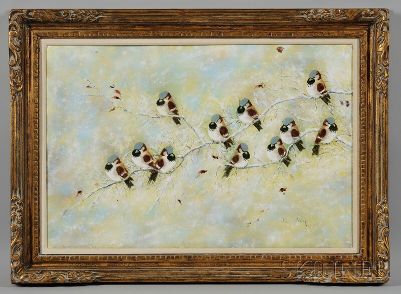 Appraisal: Framed Enamel on Copper Plaque Depicting Birds on a Snowy