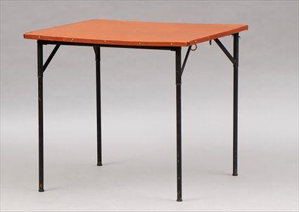 Appraisal: Modern Black Enameled Metal Folding Card Table with Leather Top