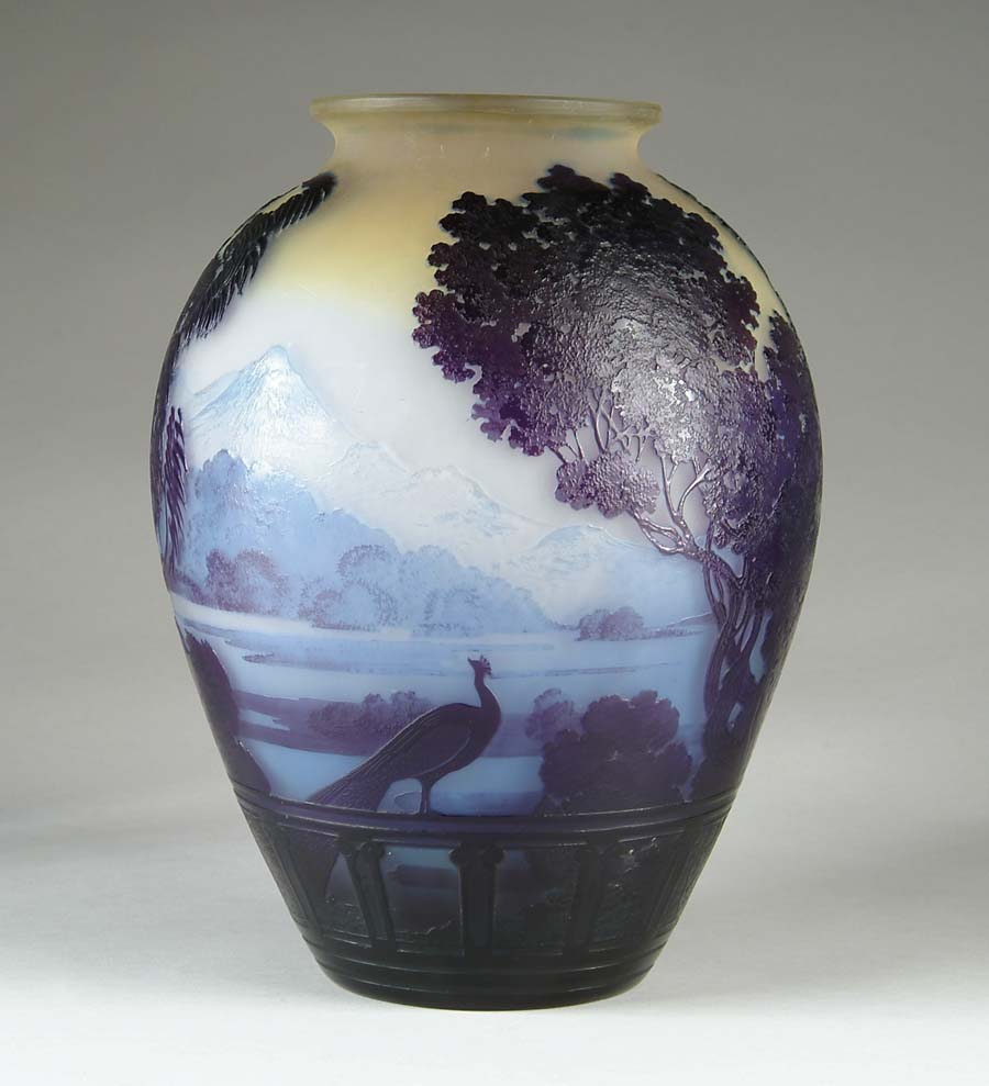 Appraisal: GALLE LAKE COMO VASE Magnificent landscape decoration of a peacock