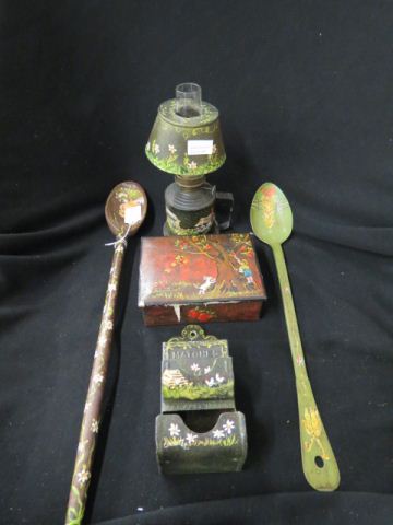 Appraisal: pc Tole Decorated Tin Lot by Cornetet lamp box match