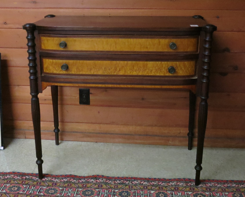 Appraisal: SHERATON MAHOGANY AND BURL MAPLE CONSOLE TABLE American early th