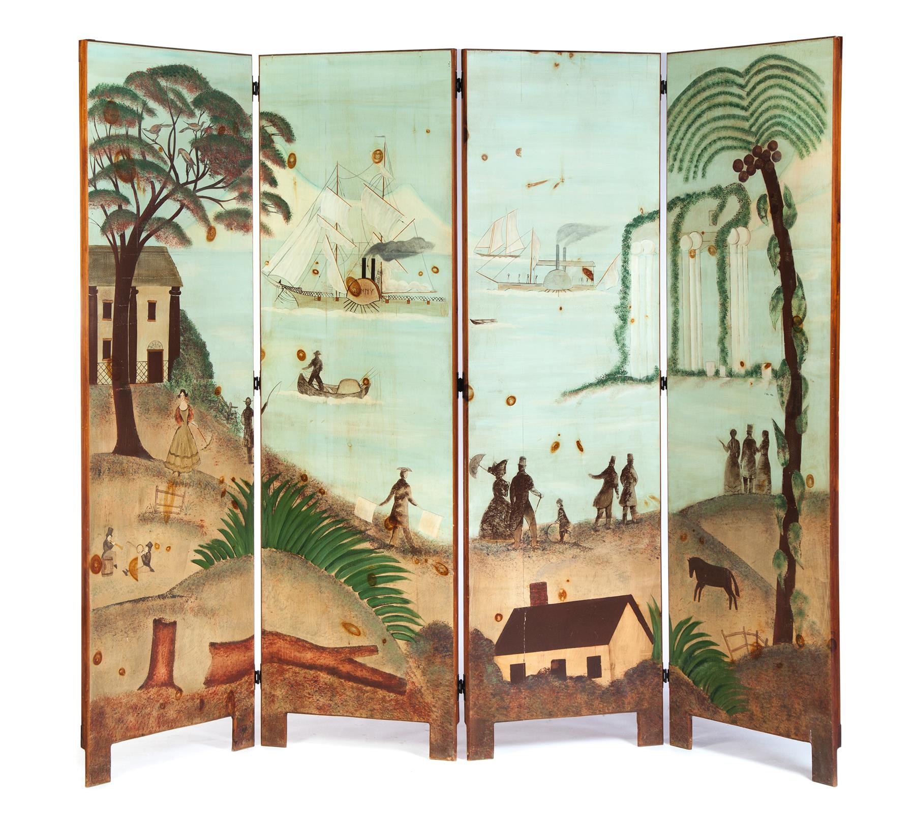 Appraisal: FOUR-PANEL SCREEN WITH WATERFRONT SCENE SIGNED J NIX American Image