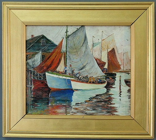 Appraisal: Oil on artist board painting of fishing boats Rockport Massachusetts