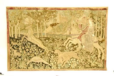 Appraisal: A Flemish embroidered panel in medieval style of a woodland