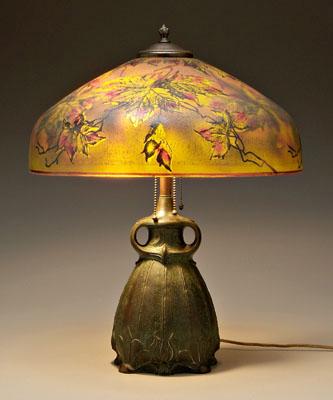 Appraisal: Pittsburgh reverse painted lamp cast metal Grueby style base patinated