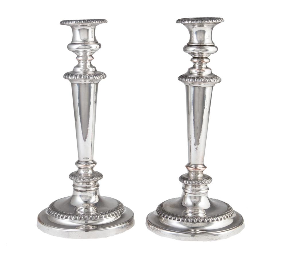 Appraisal: Pair of Late Georgian Sheffield Plate Candlesticks c gadroon borders