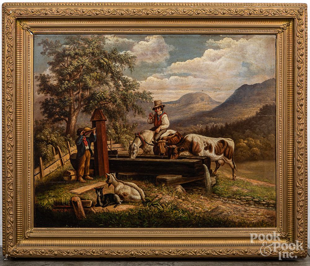 Appraisal: Oil on panel landscape with figures and animals Oil on