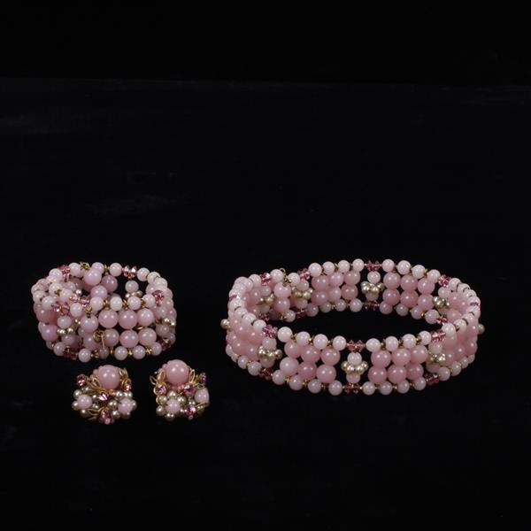 Appraisal: Miriam Haskell pc Pink Glass Beaded Wrap Choker Necklace Bracelet