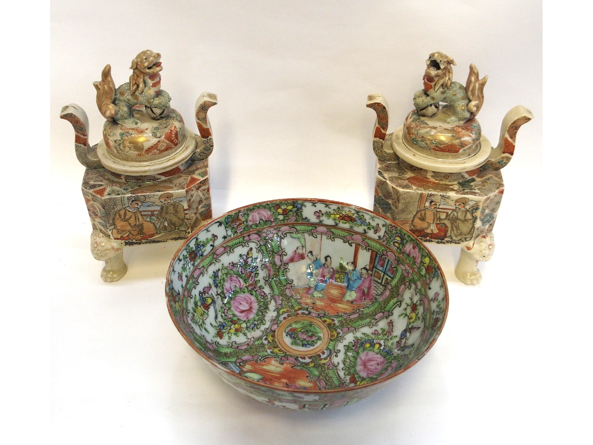 Appraisal: Pair of Satsuma koro's with Fo dog finials and a